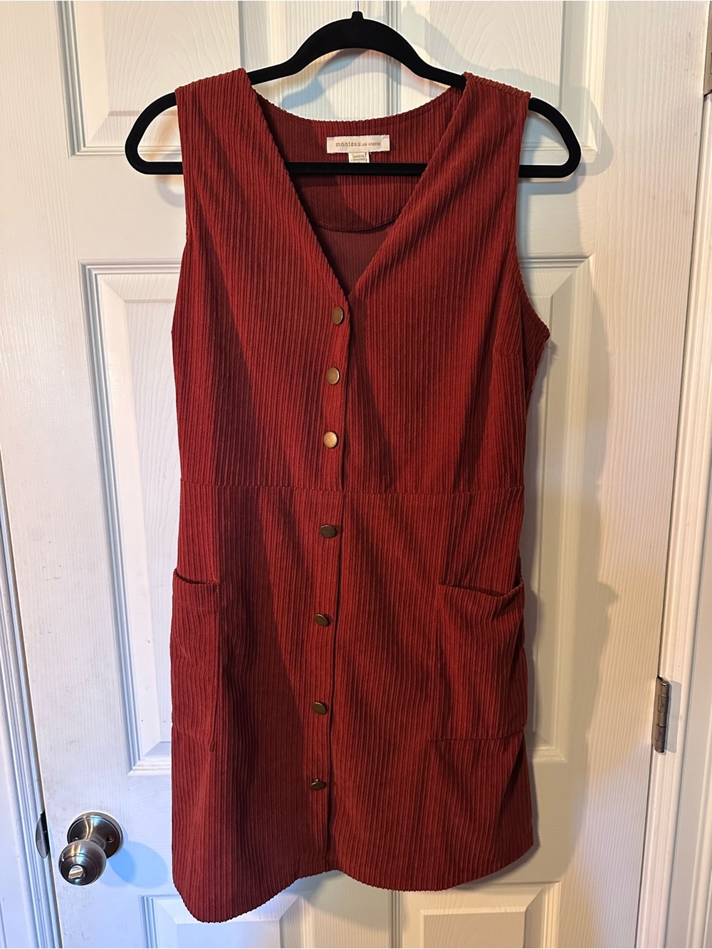 Monteau Sleeveless Button-Front Corduroy Dress in Rust